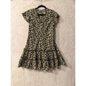 Kirundo‎ Floral V-Neck Mini Dress Black Yellow Daisy Tiered Ruffle Skirt Small